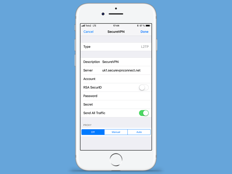 Setting up L2TP VPN on iOS, step 9