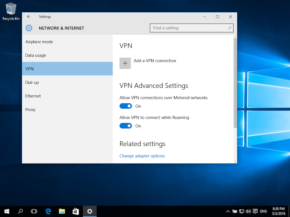 Setting up L2TP VPN on Windows 10, step 2