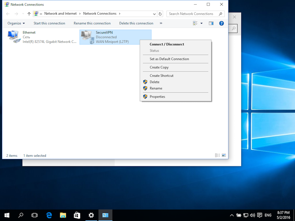 Setting up L2TP VPN on Windows 10, step 8