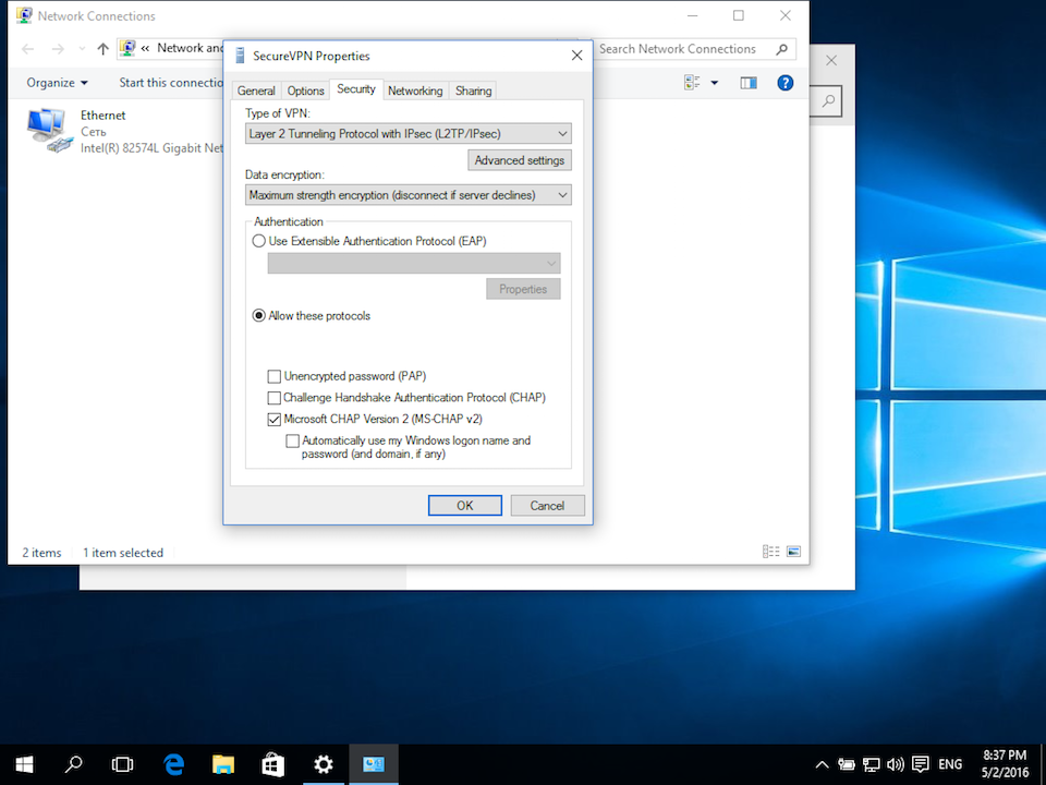 Setting up L2TP VPN on Windows 10, step 9