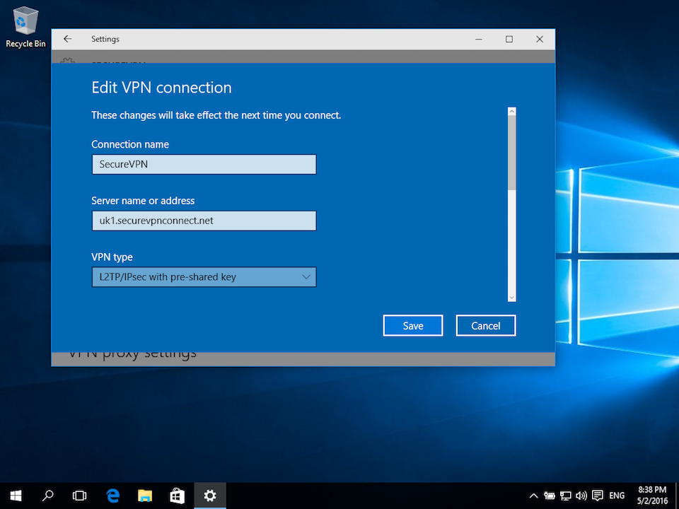 Setting up L2TP VPN on Windows 10, step 13