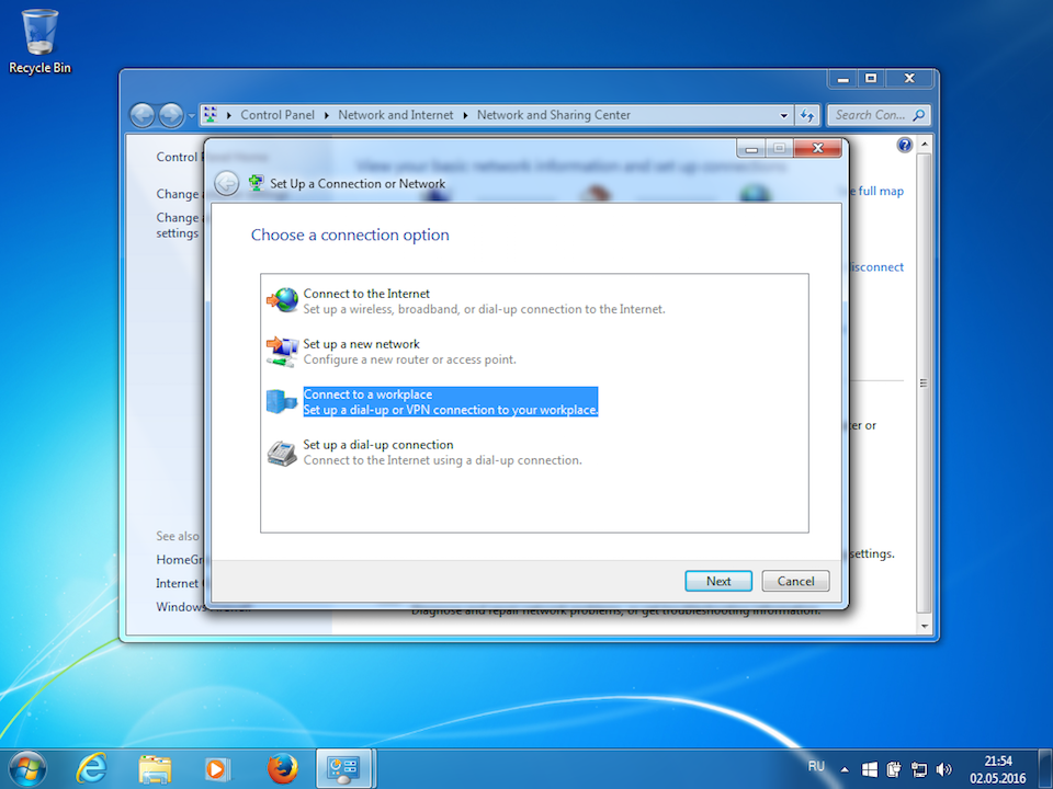 Setting up L2TP VPN on Windows 7, step 3