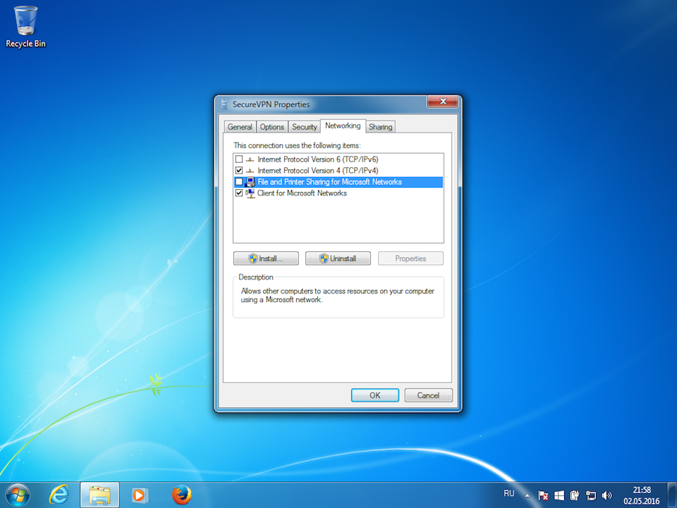 Setting up L2TP VPN on Windows 7, step 11