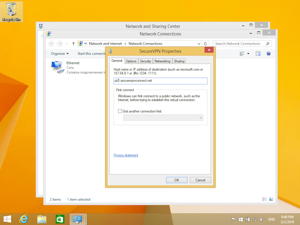 Setting up L2TP VPN on Windows 8, step 15