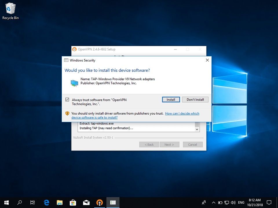 Setting up OpenVPN on Windows 10, step 7