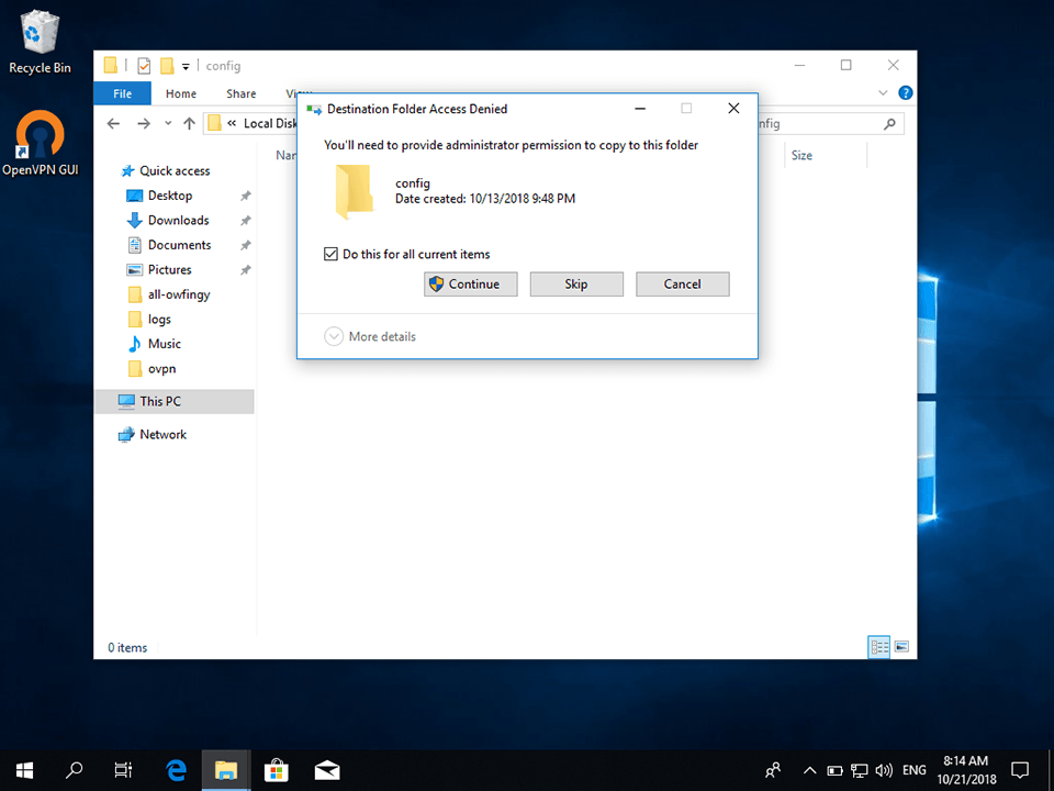 Setting up OpenVPN on Windows 10, step 14