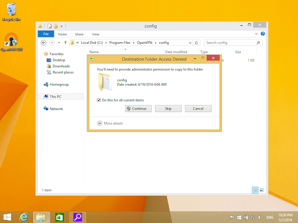 Setting up OpenVPN on Windows 8, step 14