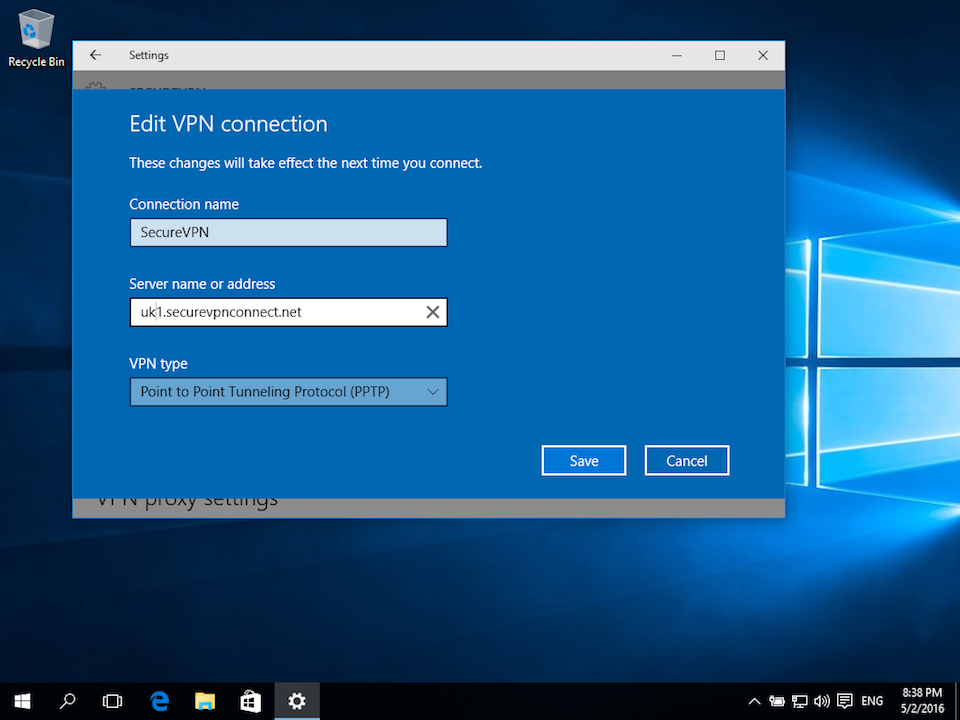 Setting up PPTP VPN on Windows 10, step 13