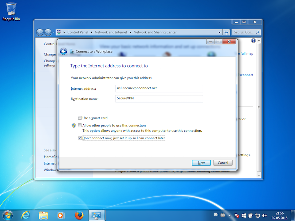 Setting up PPTP VPN on Windows 7, step 5