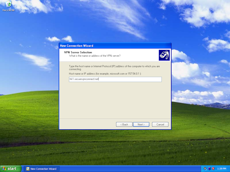 Setting up PPTP VPN on Windows XP, step 7