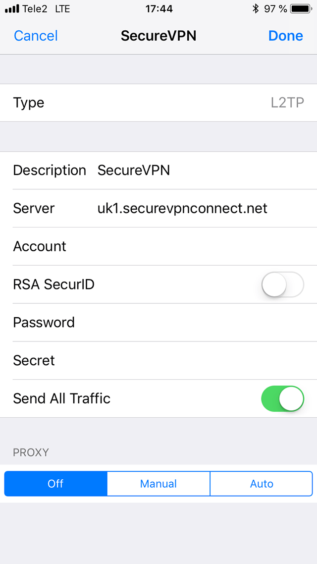 Setting up L2TP VPN on iOS, step 9