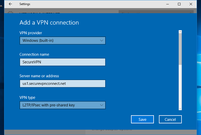 Setting up L2TP VPN on Windows 10, step 3