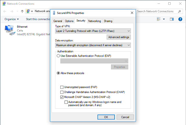 Setting up L2TP VPN on Windows 10, step 9