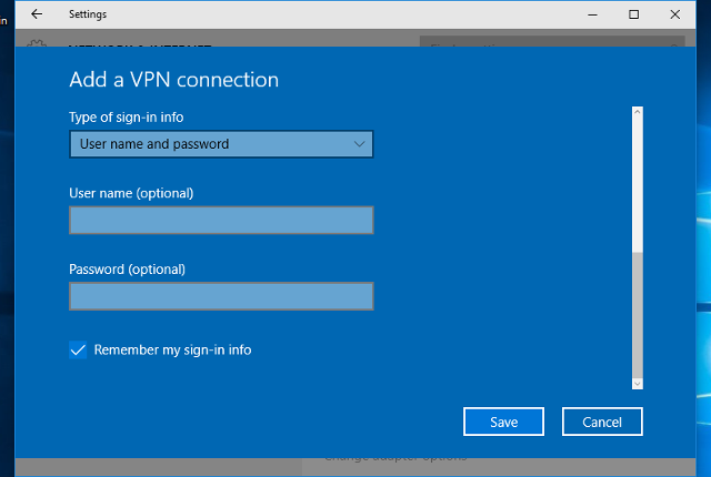 Setting up PPTP VPN on Windows 10, step 4