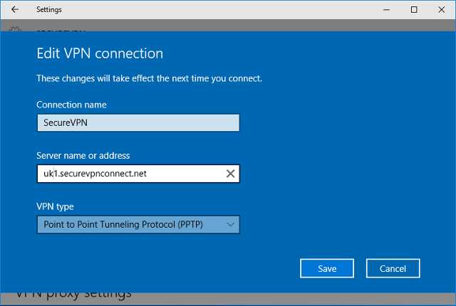 Setting up PPTP VPN on Windows 10, step 13