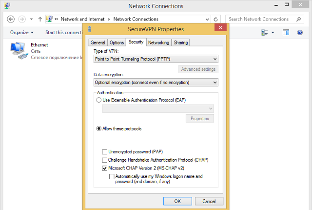 Setting up PPTP VPN on Windows 8, step 9